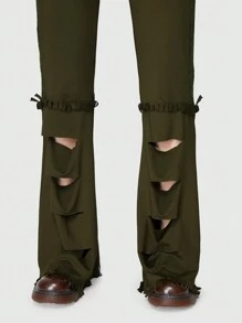 ROMWE Fairycore Quần ống loe cắt ren tương phản - màu xanh lá - Xem 5