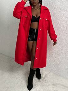Slaydiva 有蓋口袋落肩大衣 - 紅色 - 查看 1