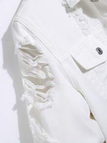 Manfinity Roughcore Men Long Sleeve Cotton Ripped Flap Pocket Denim Jacket Without Tee, For Fall - White - View 8