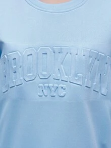 青少年女孩字母圖案落肩袖套頭衫和運動褲 - 淺藍色 - 查看 4