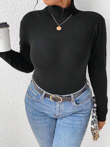 SHEIN Frenchy Plus Áo len cổ giả có gân đan gân - màu đen - Xem 3