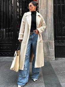 RueChic Lapel Neck Drop Shoulder Longline Coat - Beige - View 3