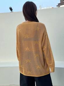 DAZY Star Pattern Drop Shoulder Sweater Y2k Sheer,Fall Clothes - Mustard Yellow - View 2