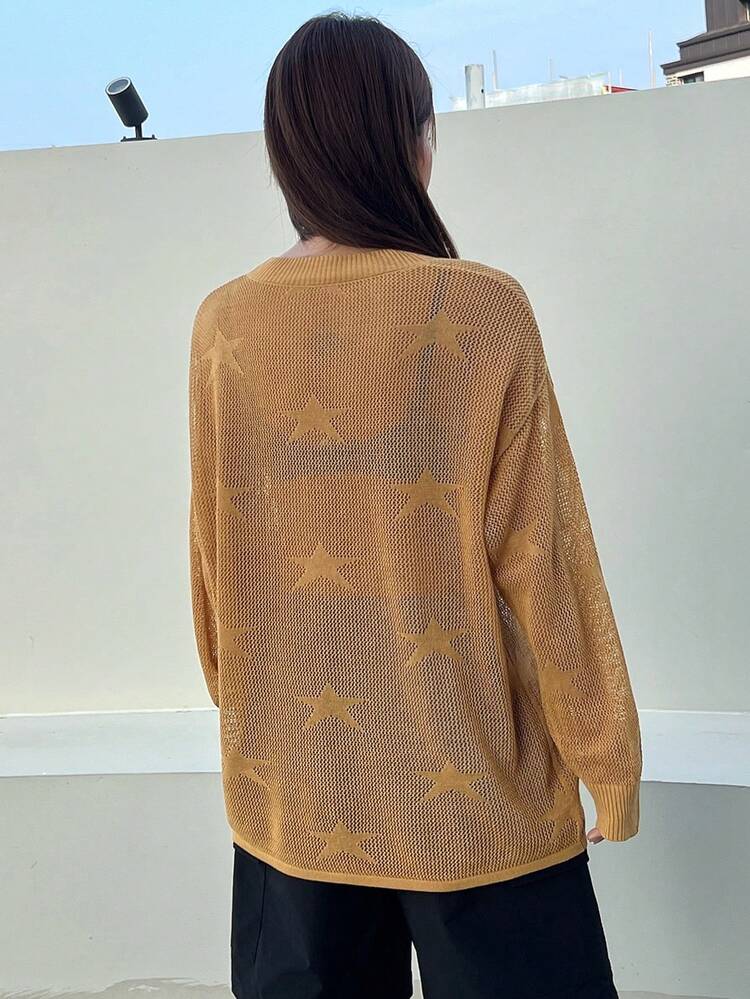 Star Pattern Drop Shoulder Sweater Y2k Sheer,Fall Clothes