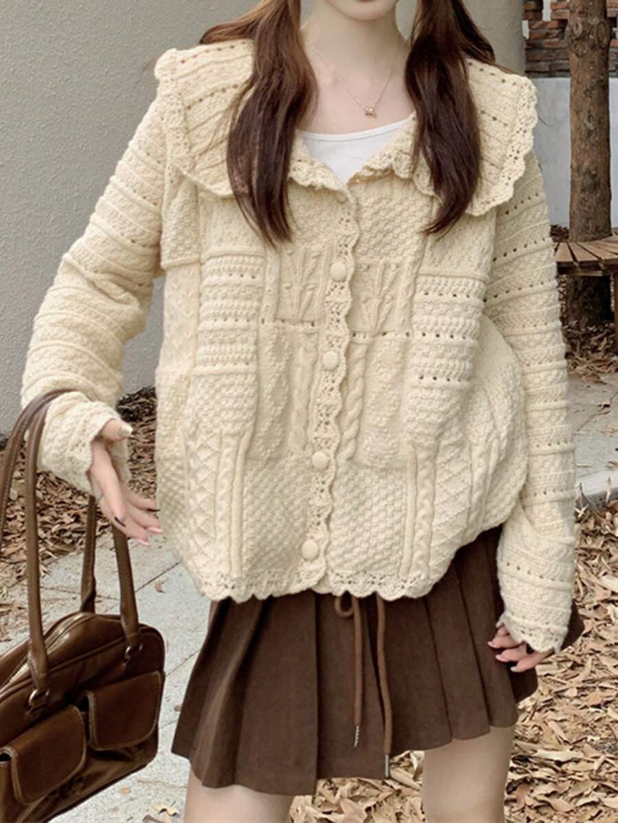 纯色水手领纽扣开衫、长袖上衣 - 杏色 - 查看 1