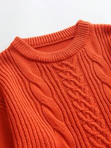 SHEIN 時尚簡約風格女童粗絞花針織扭繩套頭毛衣 - 橘色 - 查看 6