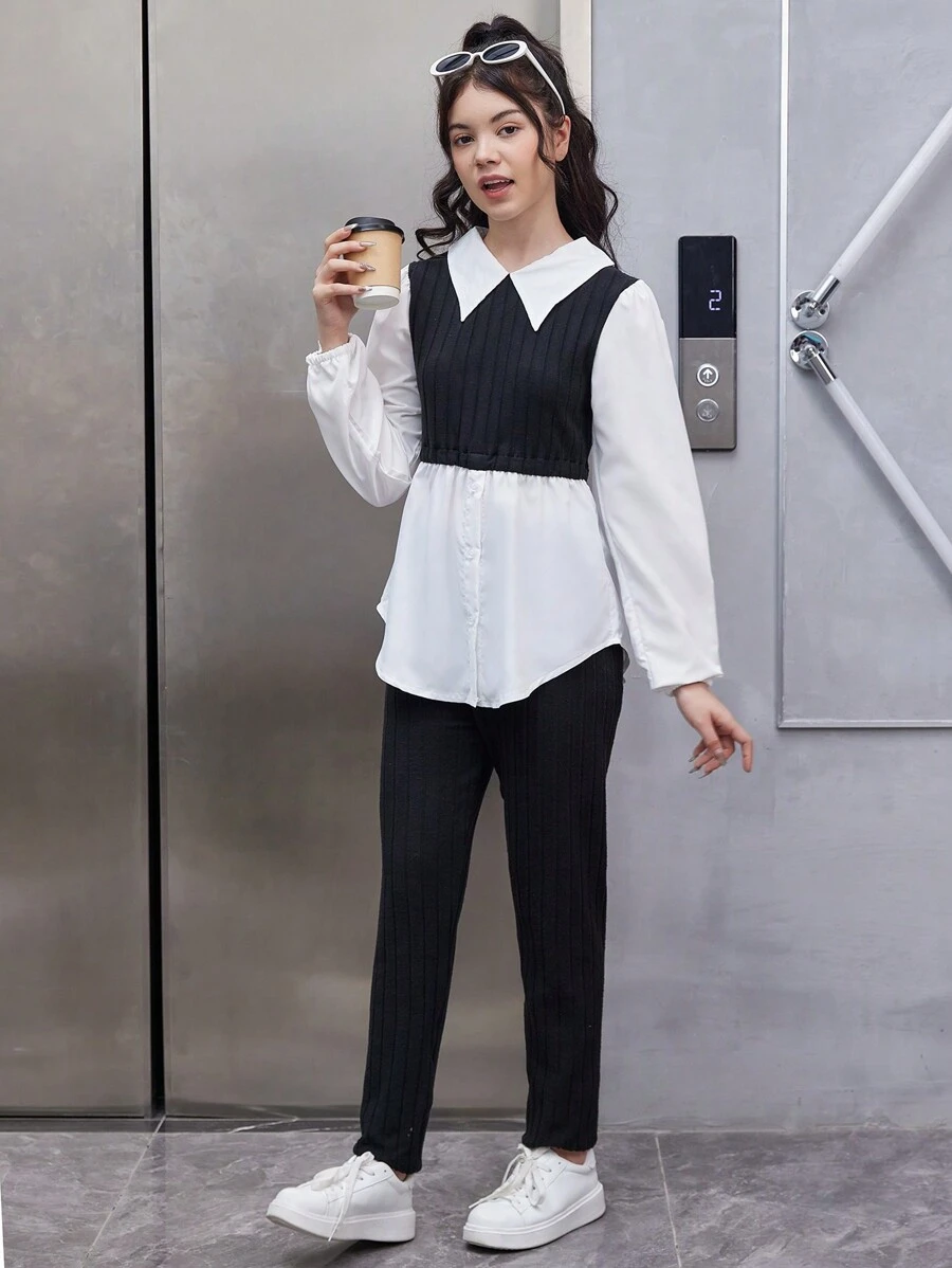 Teen Girls Two Tone 2 In 1 Blouse & Pants - Black and White - View 1