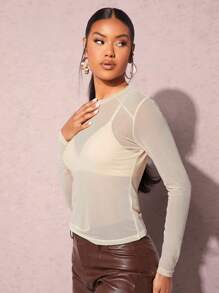 SHEIN BAE Solid Sheer Mesh Top Without Bra - Apricot - View 4