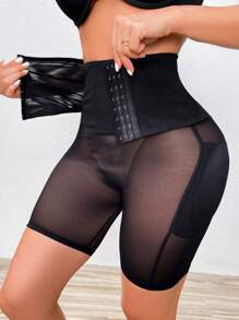 Hook And Eye Front Mesh Panel Shapewear Shorts - Black - View 3