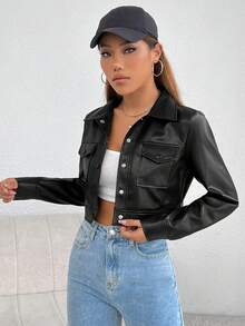 SHEIN PETITE Áo khoác da PU có túi nắp gập - màu đen - Xem 5
