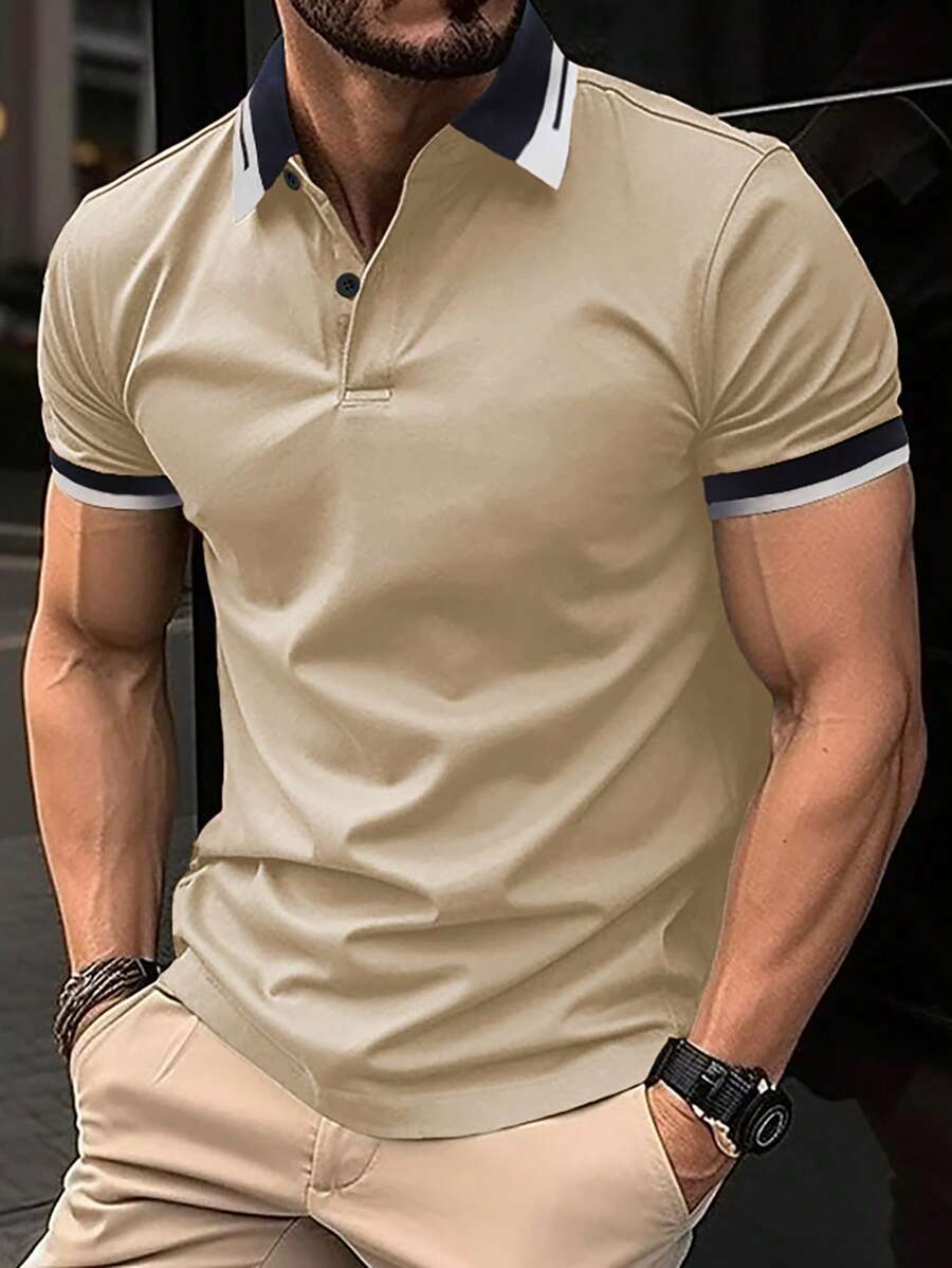 Manfinity Mode Men Contrast Trim Polo Shirt - Khaki - View 1