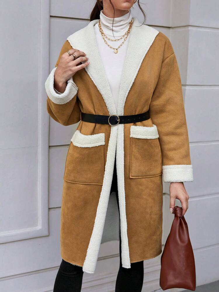 Dual Pocket Drop Shoulder Teddy Lined Coat Without Belt Fall Cloth For Women