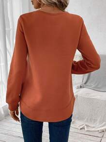 SHEIN LUNE 圆领侧开衩圆下摆保暖内衬休闲舒适保暖长袖运动衫，秋冬 - 棕色 - 查看 2