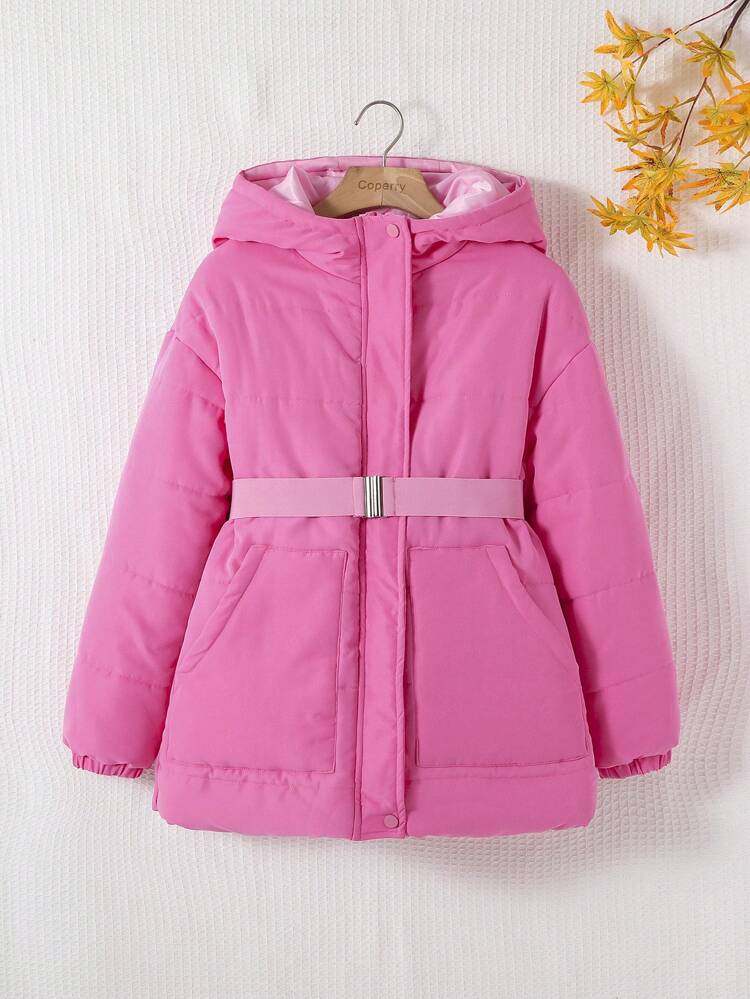 Teen Girl Drop Shoulder Hooded Belted Padded Coat