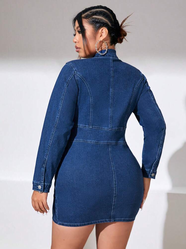 Plus Zip Up Flap Detail Bodycon Denim Dress