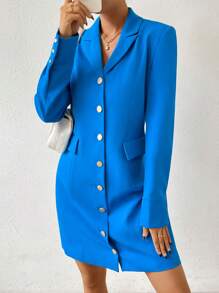 Chiquease Lapel Neck Button Front Shirt Dress - Blue - View 3