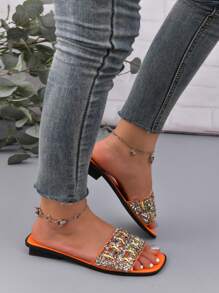 Women's Flat Heel Sparkly Sandals - Orange - View 3