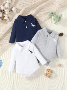SHEIN Bộ 3 áo liền quần dài tay cổ bẻ họa tiết khủng long thêu trang trí phong cách đại học dễ thương cho bé trai - Nhiều màu - Xem 1