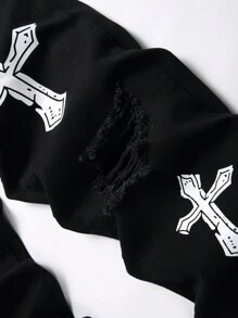 Manfinity Roughcore 男士十字字母图案破洞磨边修身牛仔裤，长款十字图案纯黑色水洗工装牛仔裤，送给丈夫、男友的礼物 - 黑色 - 查看 4