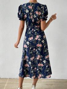 SHEIN VCAY Floral Print Puff Sleeve Ruched Split Thigh Bustier Dress - Multicolor - View 2