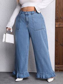 SHEIN Privé Hơn Xù Hoa Sen quần ống rộng Quần jean - Rửa nhẹ - Xem 3