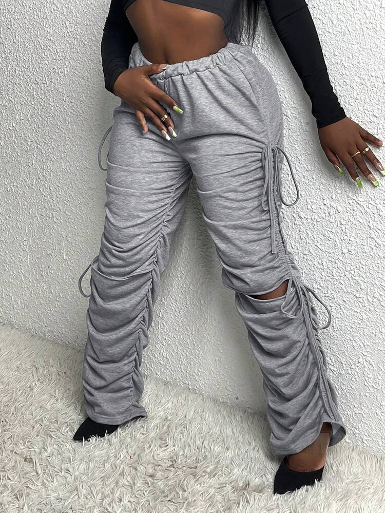 Slaydiva Drawstring Side Ruched Sweatpants - Grey - View 1
