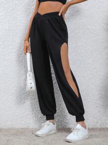 INAWLY Cắt bỏ eo Bất đối xứng Dây thắt lưng Eo Quần thể thao - màu đen - Xem 1