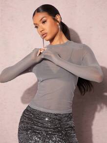 SHEIN BAE Solid Sheer Mesh Top - Grey - View 3