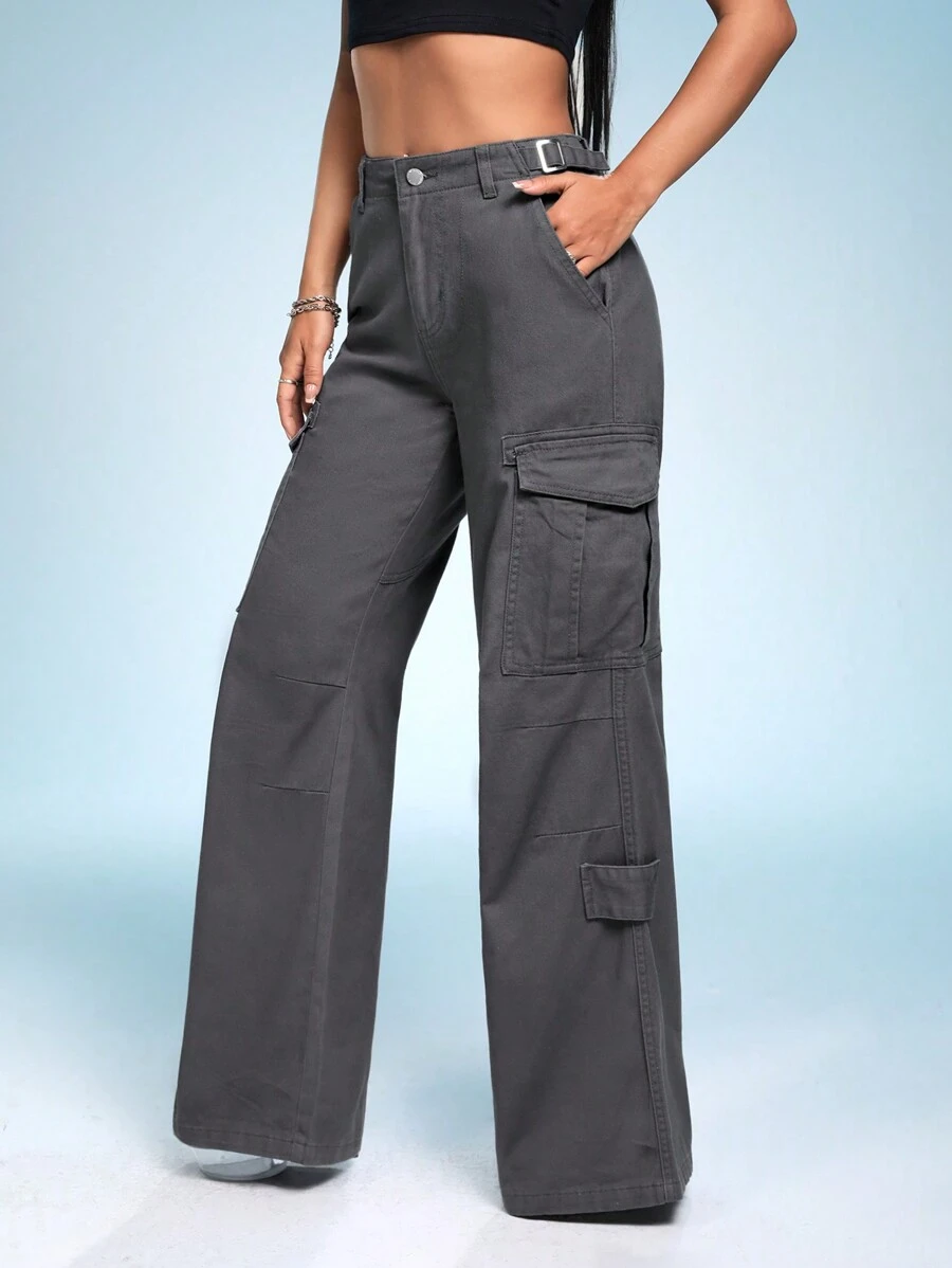 SHEIN ICON 側翻蓋口袋高腰牛仔褲 - 灰色 - 查看 1