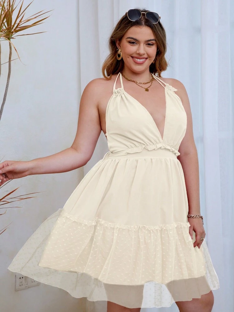 Plus Contrast Mesh Ruffle Hem Tie Backless Halter Dress