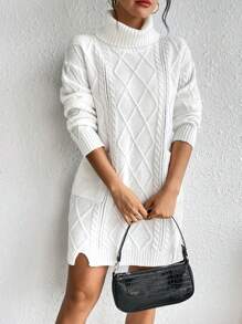 SHEIN LUNE 高領雙口袋麻花編織落肩袖毛衣洋裝
