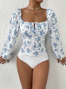 Chiquease In hoa Nút phía trước tay áo lá sen Nếp gấp Phần Ngực Cổ vuông Áo liền quần chặt - Nhiều màu - Xem 3