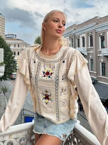 SHEIN Cottnline Floral Embroidery Ruffle Trim Flounce Sleeve Blouse - Beige - View 6