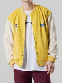 Manfinity EZcore Loose Fit Men's Lettered & Striped Trim Drop Shoulder Bomber Jacket - Mustard Yellow - View 1