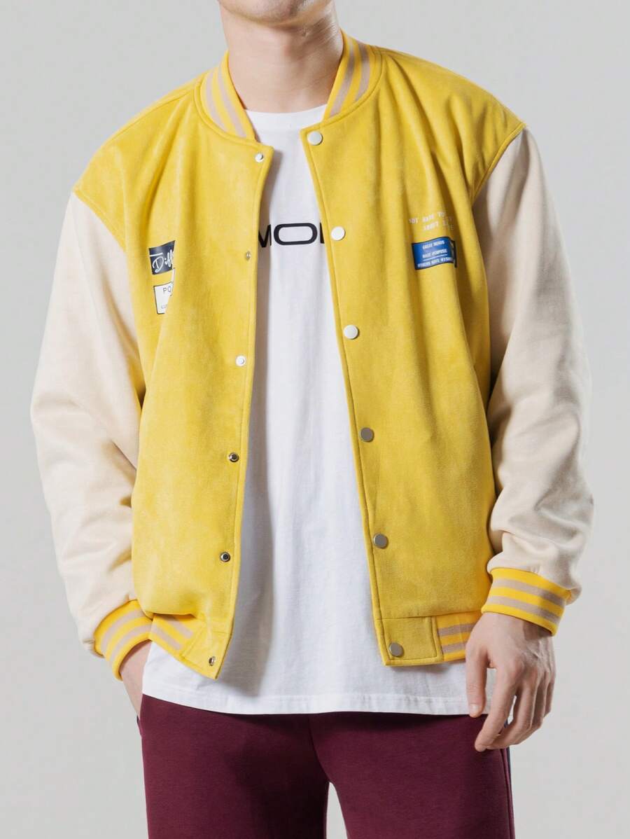 Manfinity EZcore Loose Fit Men's Lettered & Striped Trim Drop Shoulder Bomber Jacket - Mustard Yellow - View 1