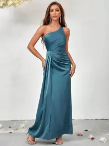 SHEIN Belle فستان مفتوح الكتف الواحد تجاعيد ساتان - أخضر - مشاهدة 4