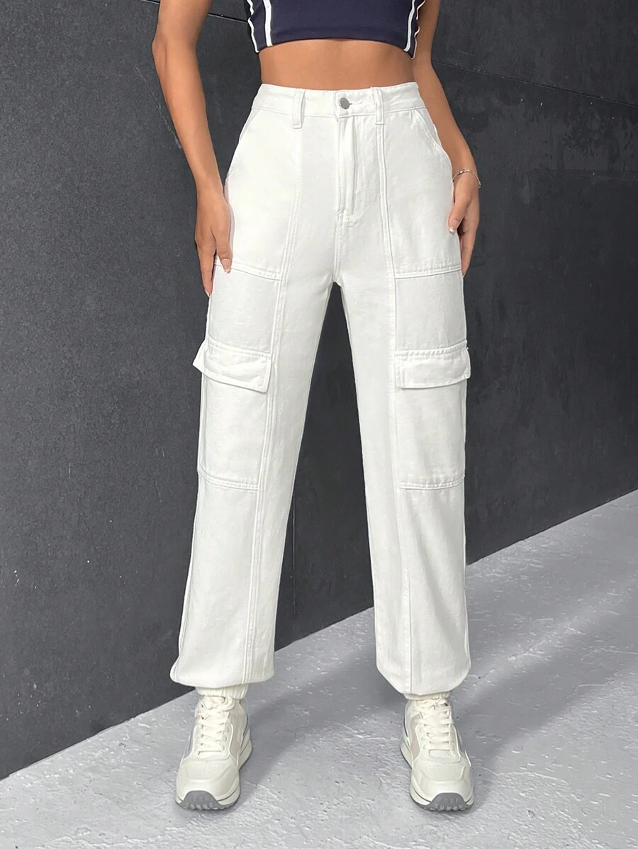 SHEIN EZwear Quần jean túi có nắp lưng cao - trắng - Xem 1