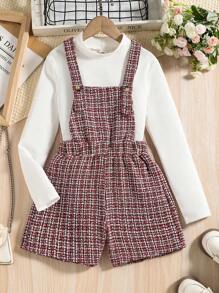SHEIN Tween Girl Mock Neck Tee & Plaid Tweed Overall Romper - Red and White - View 1
