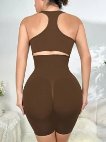 Cắt bỏ trở lại Chất rắn Bodysuit định hình - Cà phê nâu - Xem 2