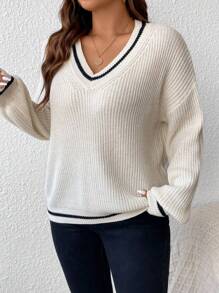 SHEIN Frenchy Plus Striped Trim Drop Shoulder Cricket Sweater, For Winter - Apricot - View 4