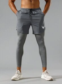 Manfinity Fitness Boyfriend Style Men Animal Print Drawstring Waist 2 In 1 Sports Pants Fall Breathable - Grey - View 3