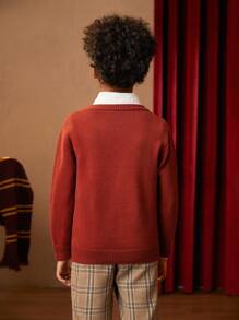 HARRY POTTER X SHEIN Cậu bé Tween Đồ họa Thêu Áo len Không có áo sơ mi - Màu Đỏ Sâu - Xem 2