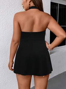 SHEIN Holidaya Áo hai dây Plus Size Lộ Lưng Xù Buộc lại màu trơn Giải trí - màu đen - Xem 2