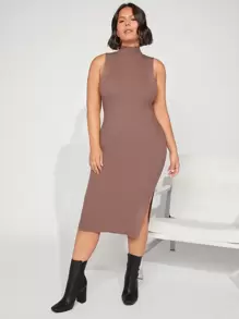 SHEIN BASICS Plus Mock Neck Split Thigh Sweater Dress - Khaki - View 5