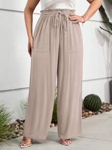 SHEIN LUNE Plus Paperbag Waist Knot Front Wide Leg Pants - Khaki - View 1