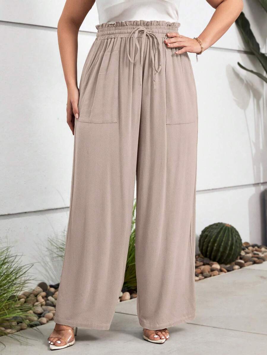 SHEIN LUNE Plus Paperbag Waist Knot Front Wide Leg Pants - Khaki - View 1