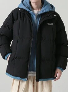 Men Letter Patched Zip Up Padded Coat - Black - View 1