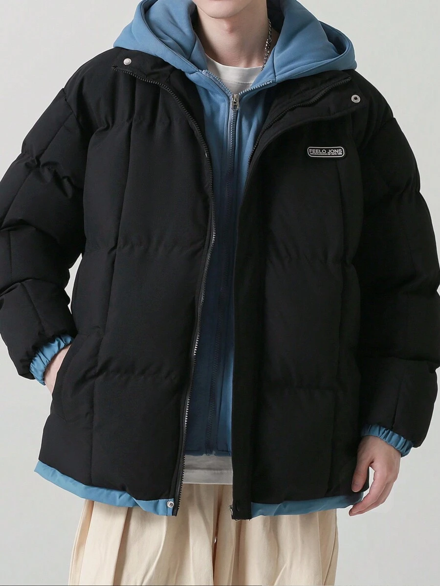 Men Letter Patched Zip Up Padded Coat - Black - View 1