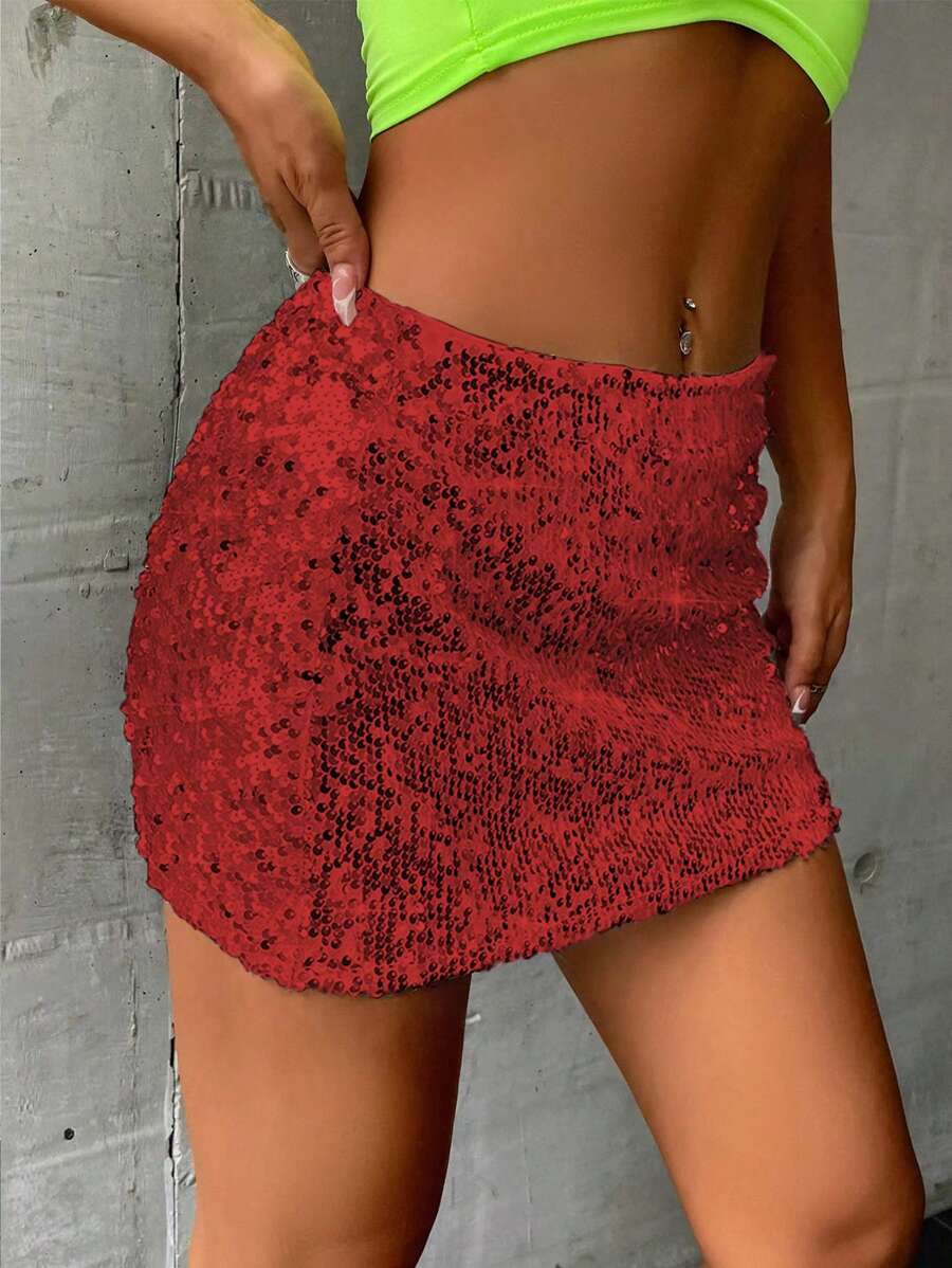 SHEIN Unity 女士时尚亮片迷你紧身裙，夏季 - 紅色 - 查看 1