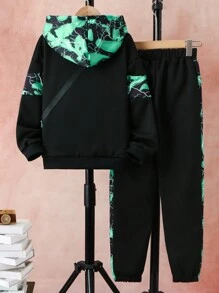 SHEIN 男大童紮染連帽衫和運動褲 - 綠色 - 查看 2